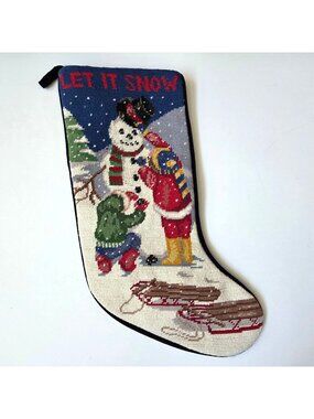 Vintage Needlepoint Christmas Stocking Building Snowman Children Sledding